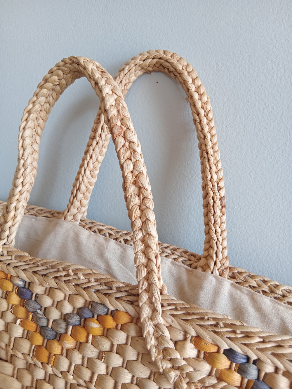 Woven Straw Boho Tote Bag Blue Mustard Accent Beach - Picture 3 of 8